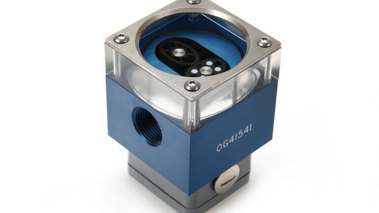 Oval gear meter fitted with PT100 temperature sensor and flow view window to permit visual check of flow as well as fuel mass calculations for Inshore rescue boat fuel consumption trials