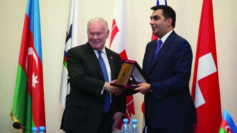 On the left Professor Charles Hendry MP, the UK trade envoy to Azerbaijan and right Elmar Gasimov, President, BHOS