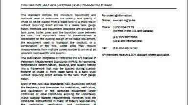 API Publishes New Safety Standard for Onshore Tank Measurement of Crude Oil