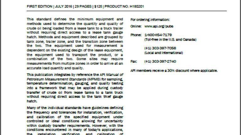 API Publishes New Safety Standard for Onshore Tank Measurement of Crude Oil