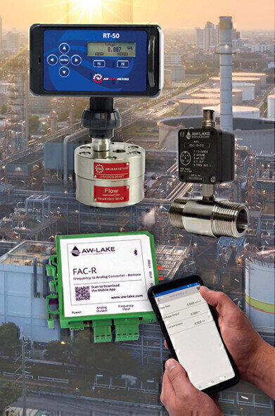 Flow transmitters interface with positive displacement and turbine flow meters for greater access and control of processes from a smart phone
